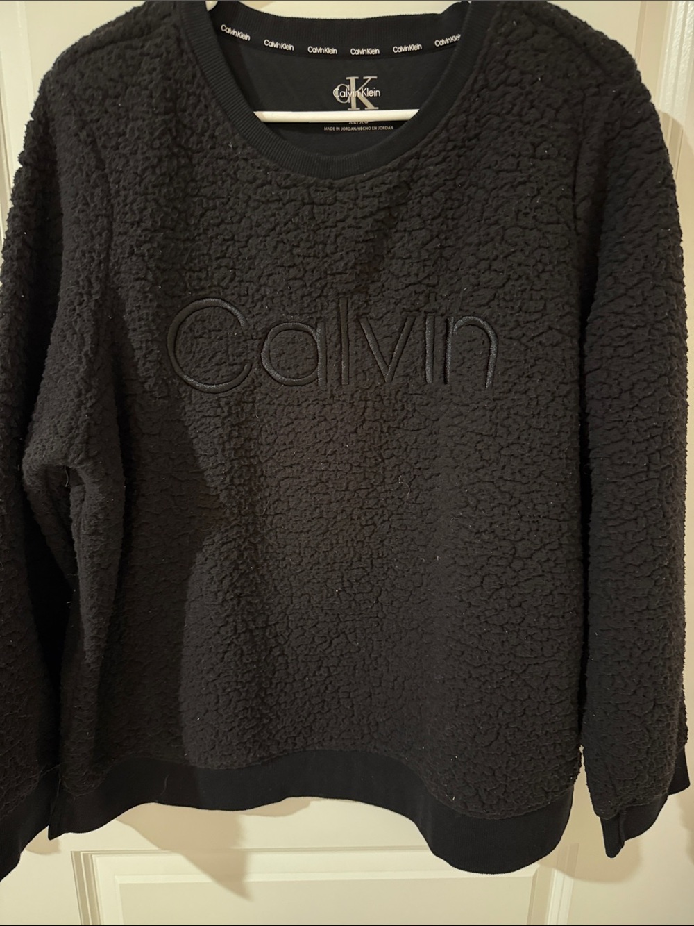 Calvin Klein Black Sherpa Crewneck Sweater with Raised Logo